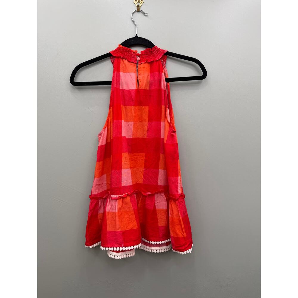 NWT Stunning THML Red & Orange Plaid Sleeveless Ruffle Neck Blouse - Picture 5 of 9